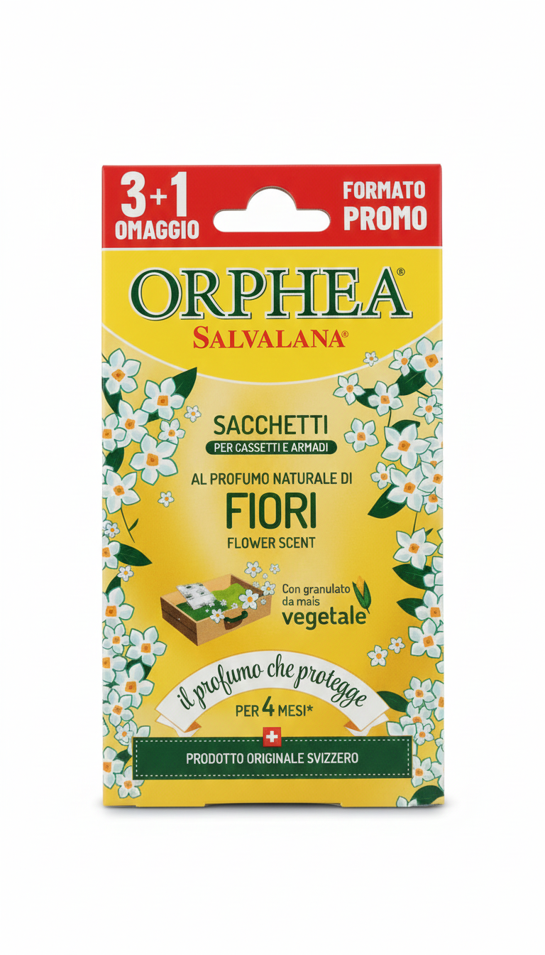 Orphea Salvalana Sacchetti Profumati ai Fiori | 3 Unità in Granuli di Mais | Protezione per Lana e Seta | Fragranza Naturale 3 Mesi