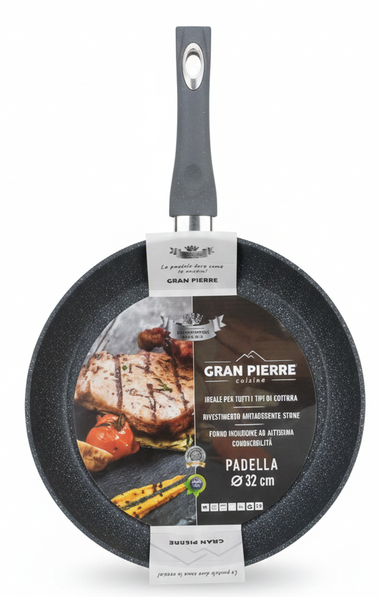 Padella Gran Pierre Stone Antiaderente | Fondo Induzione Universale | Rivestimento Effetto Pietra Antigraffio | Misure 20-24-28-32 cm