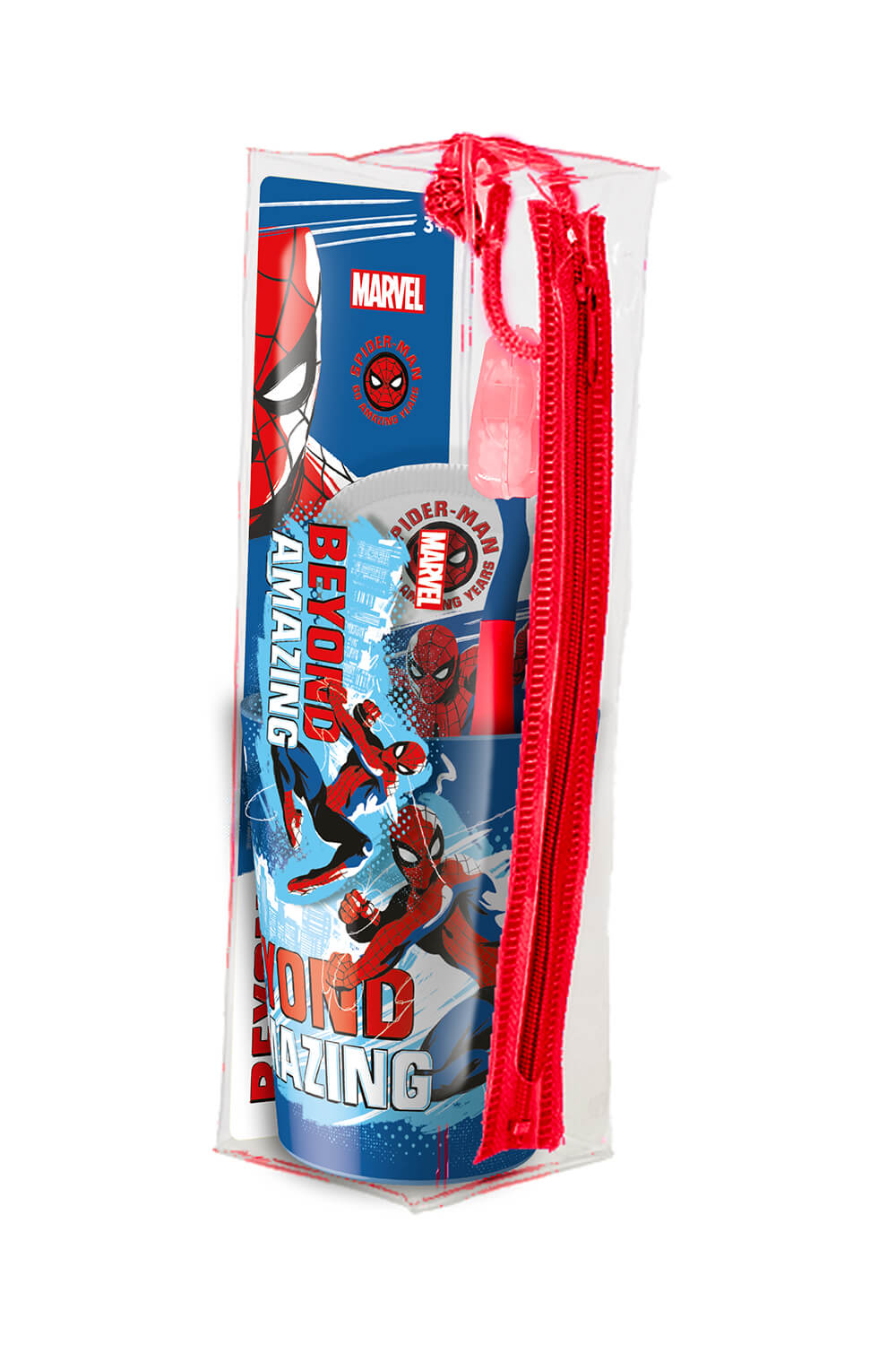 Spider-Man Kit Igiene Orale Completo in Pochette | Spazzolino con Ventosa | Dentifricio 75ml Menta Delicata | Bicchiere e Coprisetole | Kit Viaggio Bambino