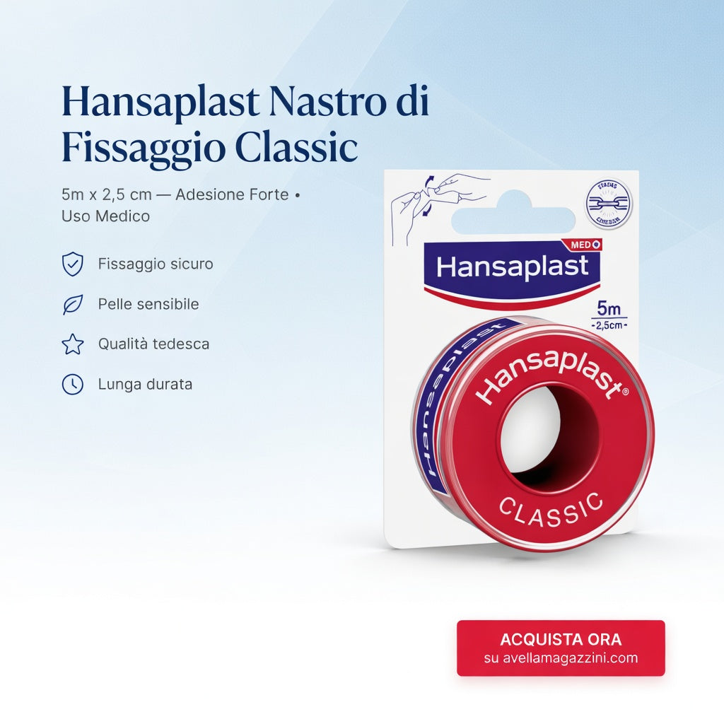 Hansaplast Nastro di Fissaggio Classic (5m x 2.5cm) | Cerotto a Rocchetto Adesione Forte | Uso Medico Professionale