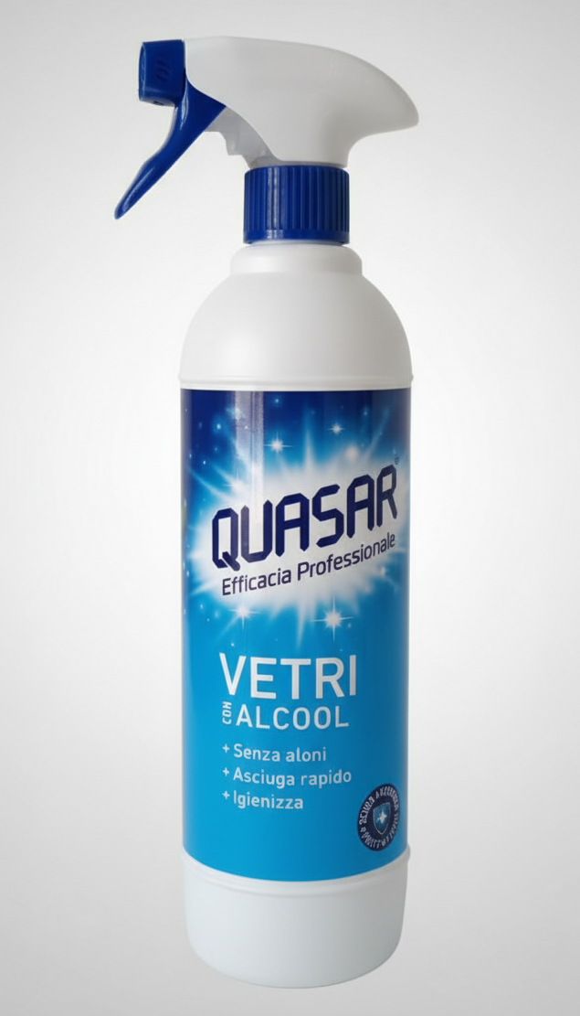 Quasar Vetri con Alcool Spray 580ml | Azione Igienizzante e Sgrassante | Pulizia Brillante Zero Aloni | Per Vetri, Cristalli e Acciaio