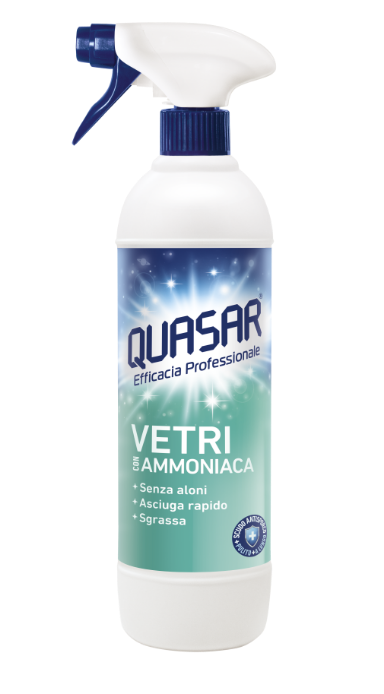 Quasar Vetri con Ammoniaca Spray 580ml | Detergente Professionale Sgrassante | Anti-Aloni e Asciugatura Rapida | Per Vetri, Specchi e Acciaio