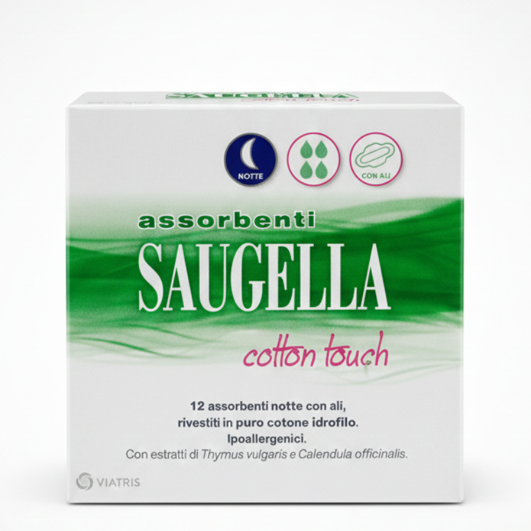SAUGELLA Cotton Touch Notte con Ali 12 Pezzi | Assorbenti Notturni Ultra Morbidi | Con Estratti di Timo e Calendula | Ipoallergenico e Anti-Odore