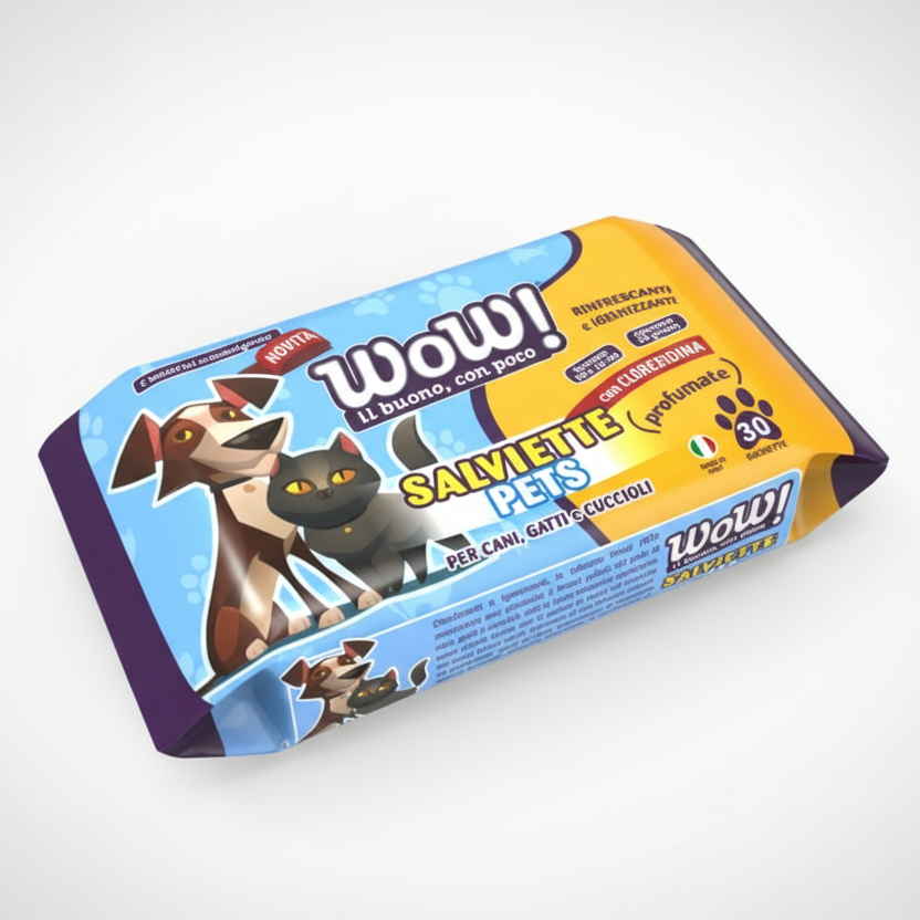 WOW! Salviette Igienizzanti Cani e Gatti 30 Pezzi | Con Clorexidina Azione Antigermi | Senza Alcool per Cuccioli e Pelli Sensibili | Pulizia Zampe, Pelo e Muso