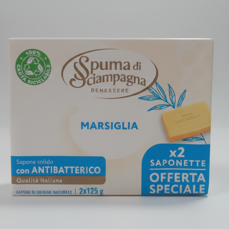 Spuma di Sciampagna Sapone Marsiglia Solido 2x125g | Formula Naturale Antibatterica | Detersione Delicata Viso e Corpo | Made in Italy dal 1854
