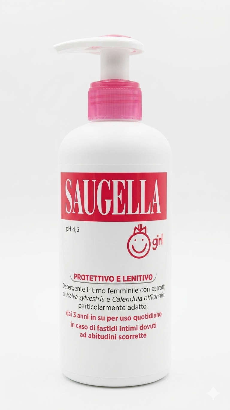 Saugella Girl detergente intimo 200 ml per bambine, con malva, calendula e latte di avena, uso quotidiano.