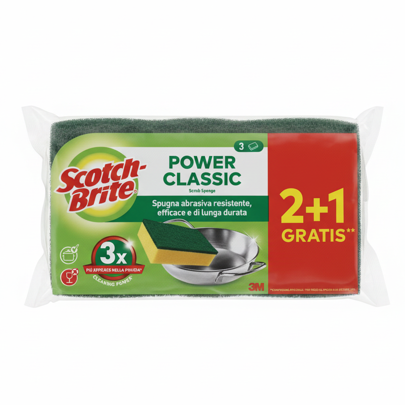 Spugne Scotch-Brite Classic 2+1, fibra verde abrasiva 3M per pentole, griglie e sporco ostinato.