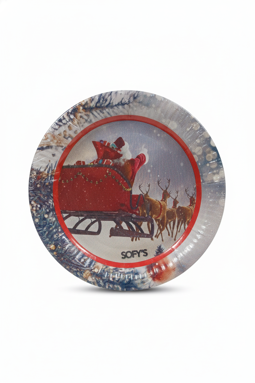 SOFYS - Set 10 Piatti Dessert/Frutta in Cartoncino (Diametro 17 cm) Decorazione Natalizia Slitta e Renne