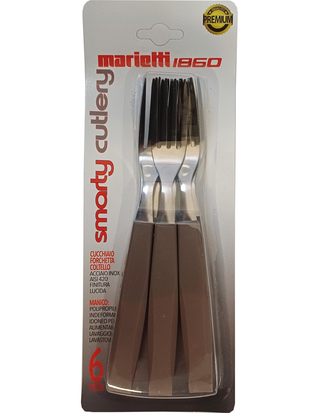 Marietti Smarty Set 6 Forchette da Tavola | Acciaio Inox di Alta Qualità | Manico Ergonomico Color Tortora | Design Moderno Resistente | Made in Italy