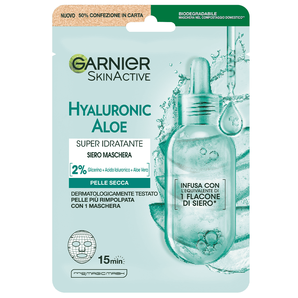 Garnier SkinActive Maschera in Tessuto Hyaluronic Aloe Super Idratante e Rivitalizzante – Con Aloe Vera Bio e Acido Ialuronico – 28g