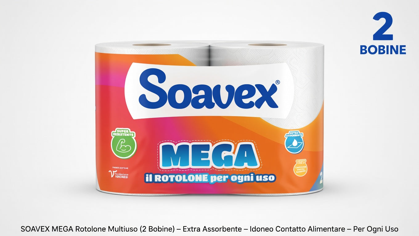 Soavex Mega Rotolone Multiuso | Set 2 Bobine XL | Extra Assorbente & Idoneo Contatto Alimentare | Resistenza 3 in 1