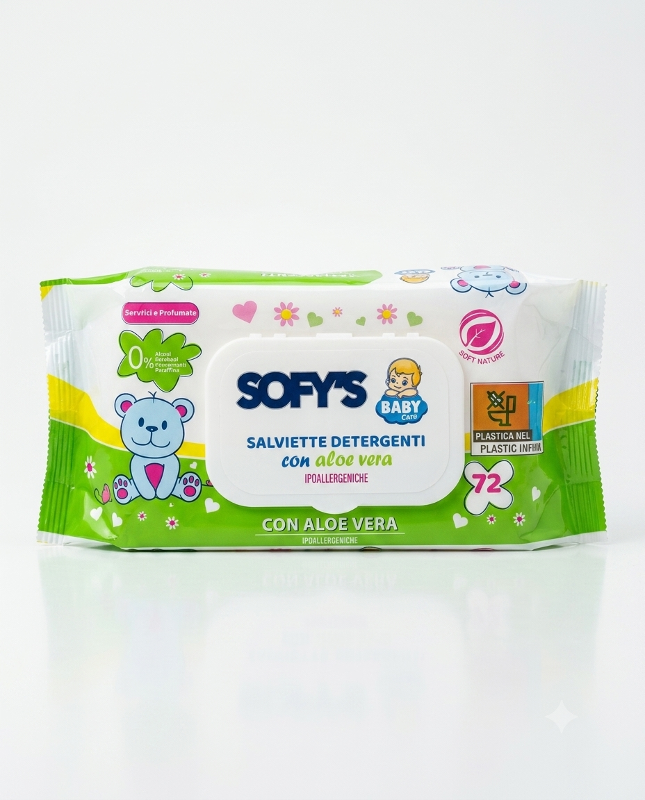Salviettine Sofy’s Baby 72 pezzi con aloe vera e profumo talco, tessuto nido d’ape morbido per cambio pannolino, viso e mani dei bambini.