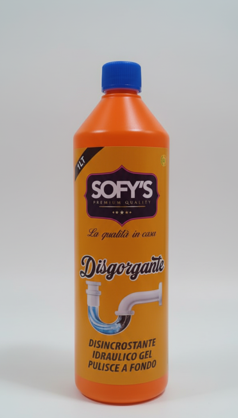 Sofy's disgorgante idraulico gel 1L, disincrostante per scarichi intasati da capelli e sapone con formula densa ad azione rapida.
