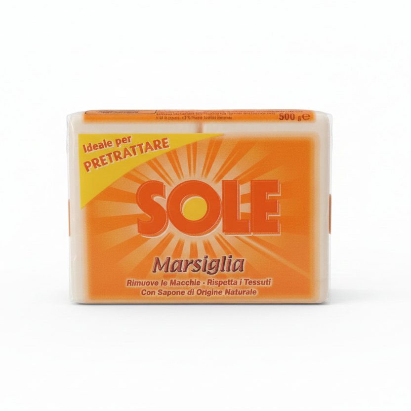 Sole | Sapone di Marsiglia per Bucato Bianco | Formato Convenienza 2x250g | Pretrattante Specifico per Macchie Difficili | Con Ingredienti di Origine Naturale | Dermatologicamente Testato