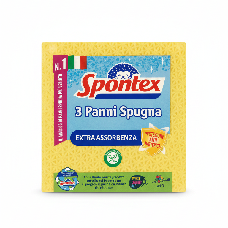 Spontex Panno Spugna Antibatterico 3 Pezzi – 100% Cellulosa Naturale Biodegradabile – Ultra Assorbente 150ml – Tecnologia Anti-Odore