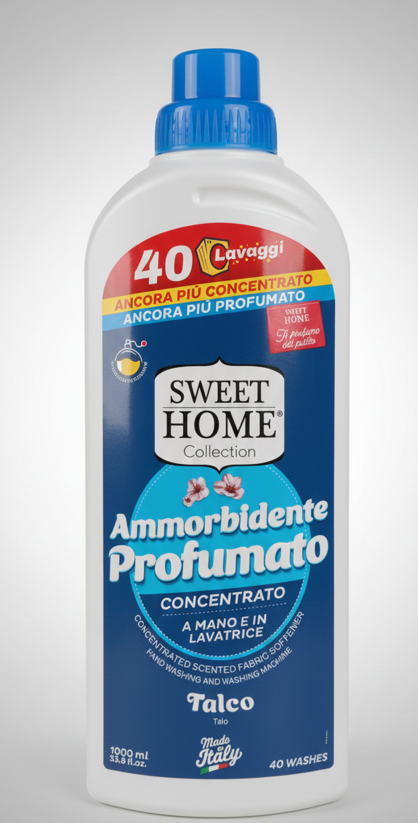 Sweet Home Collection Ammorbidente Concentrato al Talco | 1000 ml | Profumo Intenso e Persistente | Dermatologicamente Testato | Ideale per Pelli Sensibili | Made in Italy | Azione Antistatica