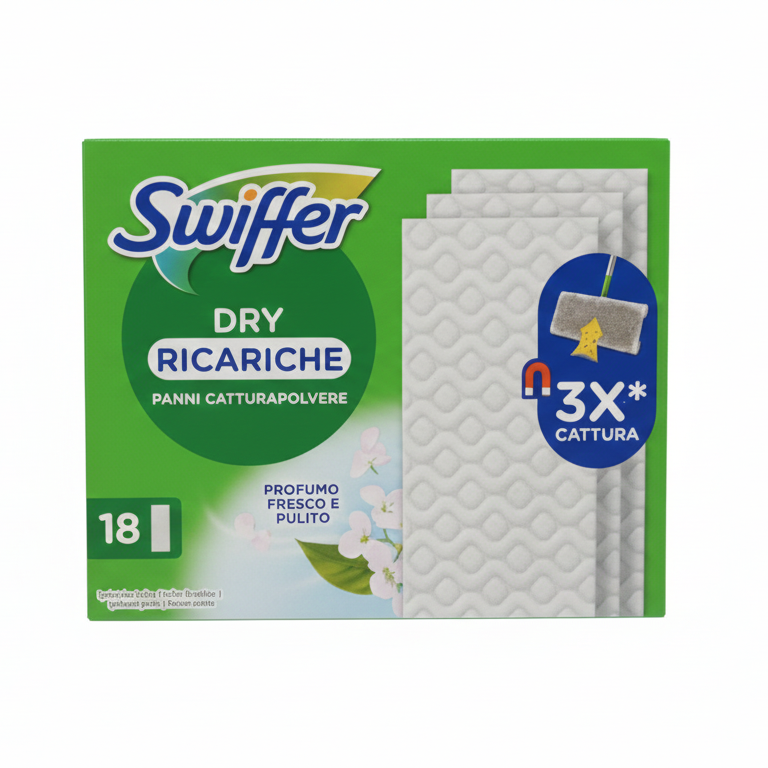 Swiffer Dry Catturapolvere Ricambi 18 Panni | Tecnologia Elettrostatica 3D | Cattura e Blocca 3 Volte più Polvere, Peli e Allergeni | Per Tutte le Superfici Dure
