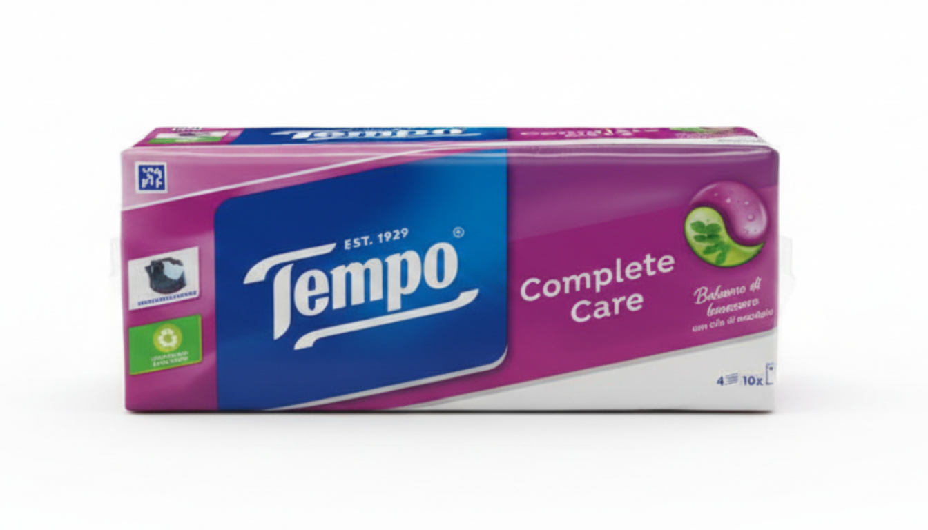 Tempo Complete Care Fazzoletti 4 Veli 10 Pacchetti | Con Balsamo Lenitivo e Tecnologia Respira-Vivo | Anti-Arrossamento e Balsamici | Resistenti in Lavatrice
