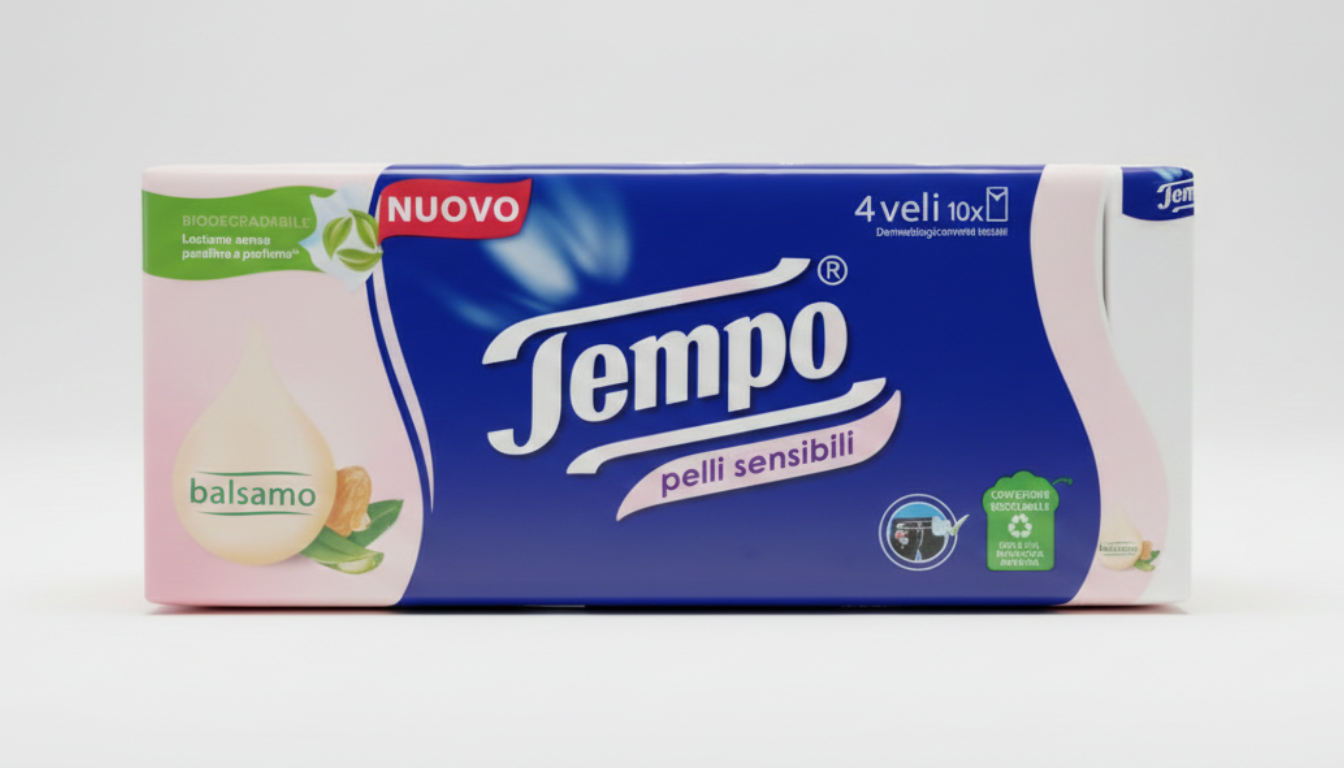 Tempo Fazzoletti Pelli Sensibili 10x9 | 4 Veli con Balsamo Aloe Vera e Olio di Mandorla | Extra Morbidi | Resistenti in Lavatrice