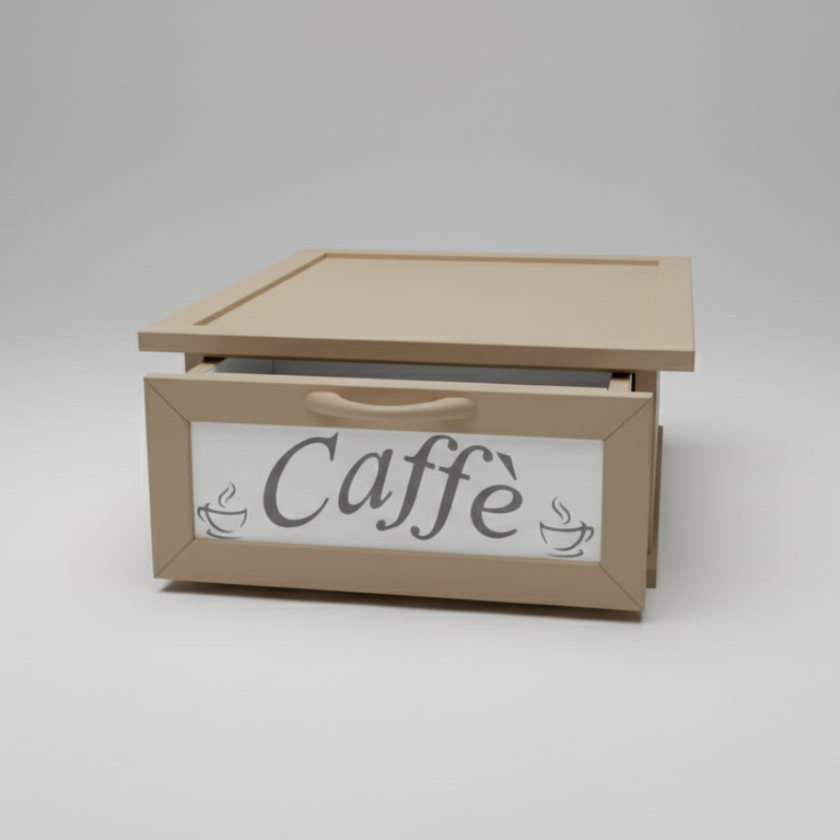 Cassetto Porta Cialde Caffè 36x30x14,5 cm – Effetto Noce – Organizer Salvaspazio 2-in-1 con Cassetto Estraibile e Maniglia Cromata