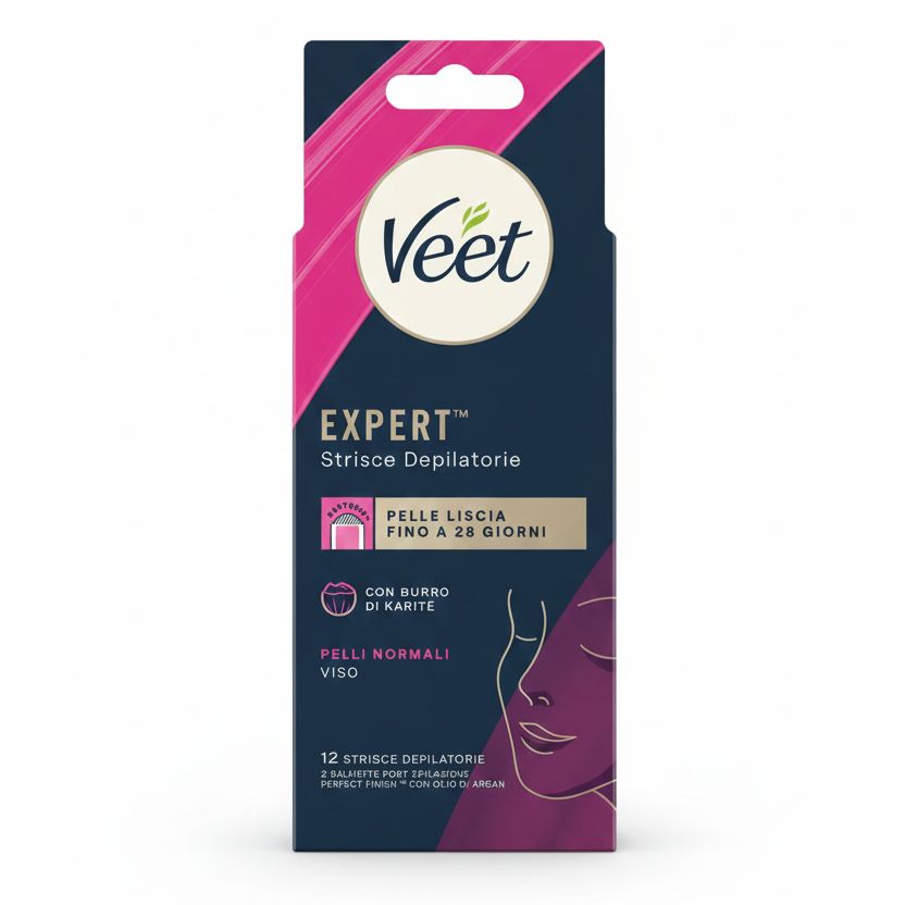 VEET Expert Strisce Depilatorie Viso 12 pz | Con Burro di Karité per Pelli Normali | Linguetta EasyGrip per Precisione Professionale | Pelle Liscia fino a 28 Giorni | Ideale per Labbro Superiore, Mento e Guance