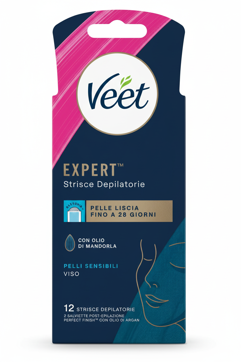 VEET Expert Strisce Depilatorie Viso 12 pz | Pelli Sensibili con Olio di Mandorla Dolce | Linguetta EasyGrip™ Professionale | Liscio fino a 28 Giorni