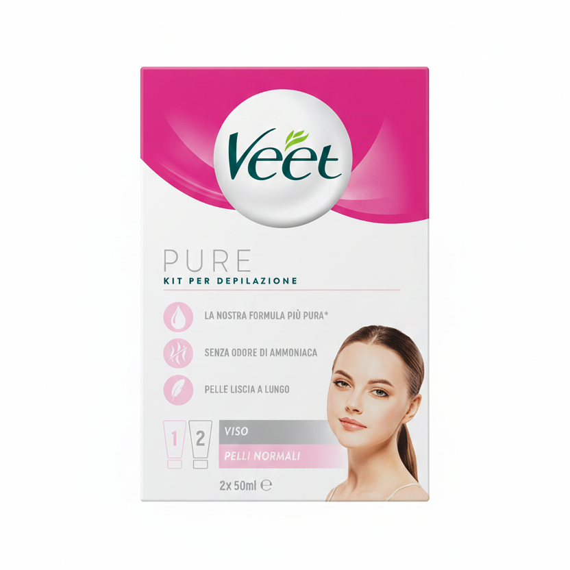 VEET Pure Kit Depilazione VISO 2x 50ml – Pelli Normali – Formula Pura – Senza Odore di Ammoniaca – Pelle Liscia a Lungo