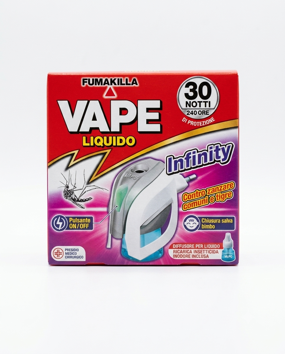 Vape Liquido Infinity Fumakilla diffusore elettrico con ricarica inodore 15 ml, protezione antizanzare fino a 30 notti.