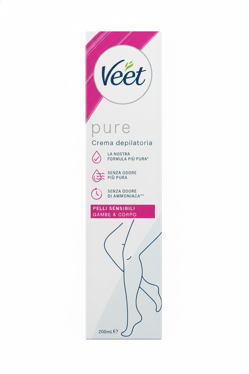 Veet PURE Crema Depilatoria Pelli Sensibili 200ml | Tecnologia Silky Fresh™ per Gambe e Corpo | Idratazione 24h | Risultati in 5-10 Minuti