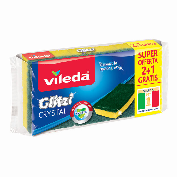 Vileda Glitzi Crystal 2+1 Gratis | Spugna Abrasiva con Cristalli Attivi | Antibatterica 99,9% | Potenza Sgrassante Estrema
