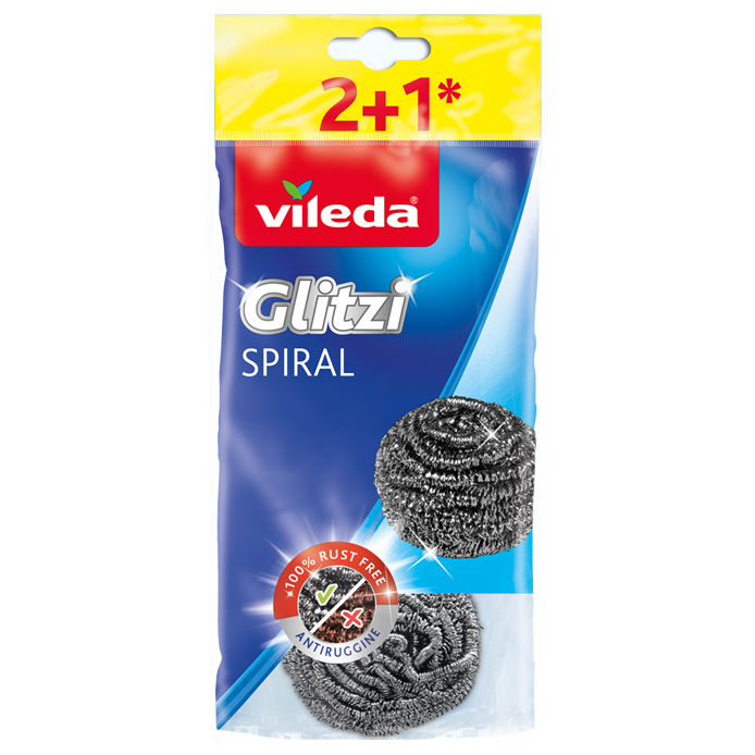 Vileda Glitzi Pagliette in Acciaio Inox 2+1 Pezzi – Spirale Metallica Antiruggine per Incrostazioni Difficili – Ideale per Pentole e Barbecue
