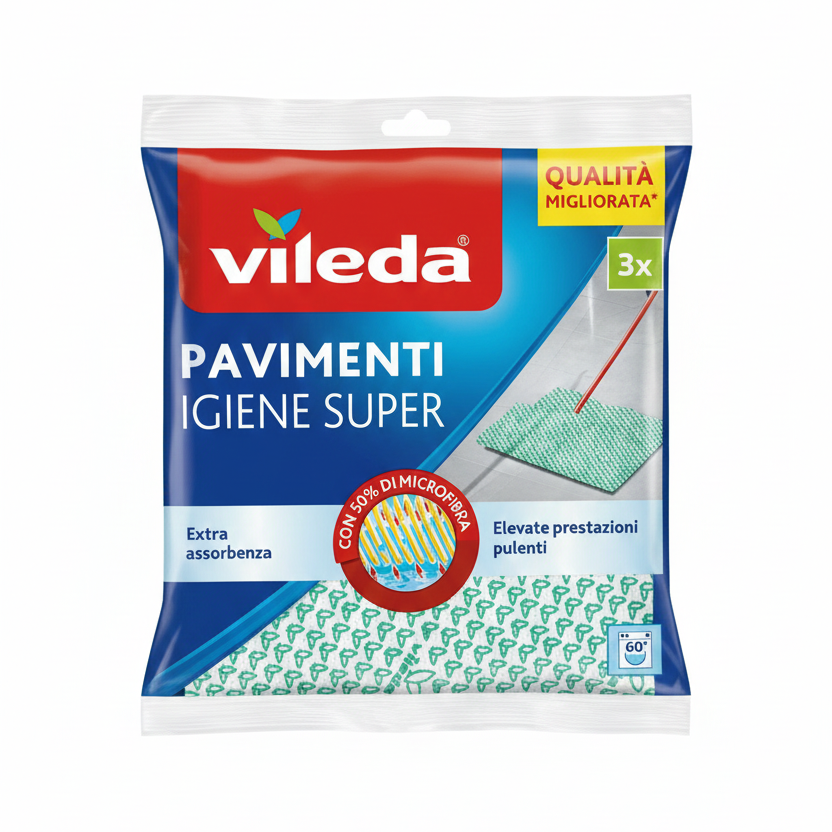 Vileda Panno Pavimenti IgieneSuper Set 3 Pezzi | Tecnologia Odor Stop Anti-Batterica con Cloruro d'Argento | 30% Microfibra Potenziata | Super Assorbente e Anti-Aloni