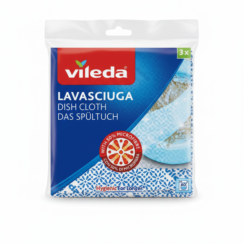 Vileda Panno Lavasciuga 3 Pezzi – 50% Microfibra Tecnica – Tecnologia Hygienic For Longer Anti-Odore – Azione 2-in-1 Lava e Asciuga