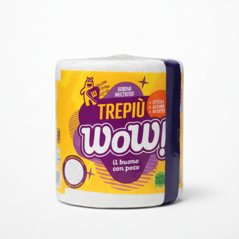 WoW! Bobina Asciugatutto Multiuso 500 Strappi Extra-Lunghi (23cm) | 100% Cellulosa 2 Veli | Uso Alimentare | Confezione 60% Plastica Riciclata