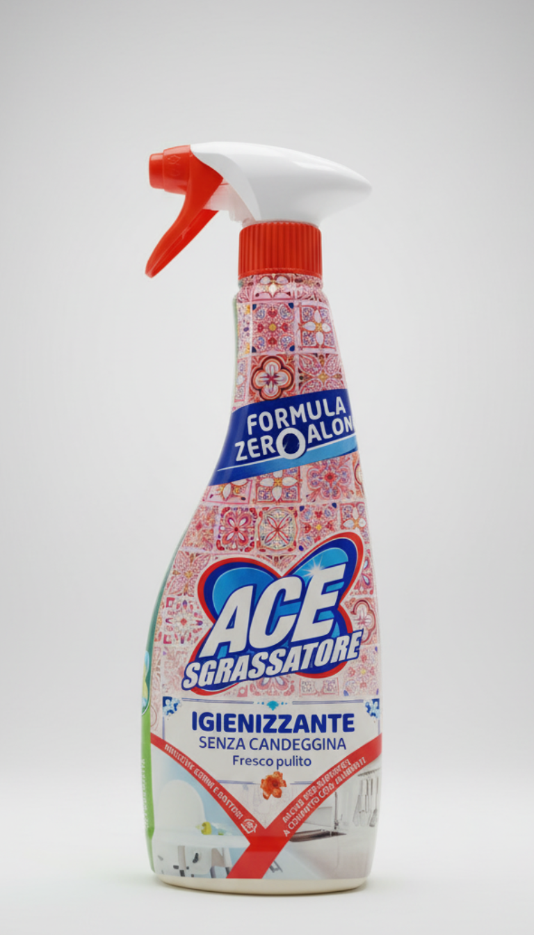 ACE Sgrassatore Igienizzante Spray – 500ml – Senza Candeggina – Rimuove Germi e Batteri – Sicuro per Superfici a Contatto con Alimenti