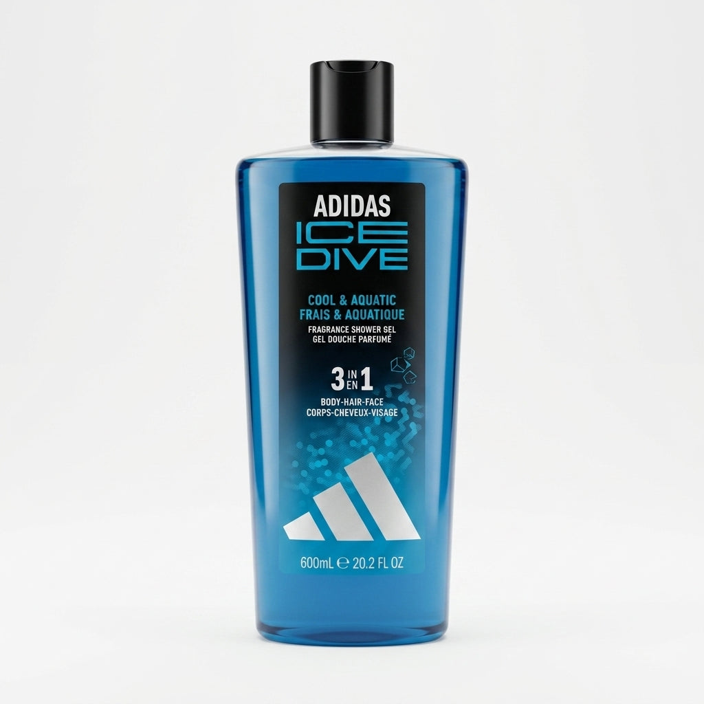 Adidas Ice Dive Gel Doccia 3in1 600 ml, detergente per corpo, capelli e viso con formula vegana, senza tensioattivi a base di solfati, fragranza fresca e acquatica ed estratto marino.