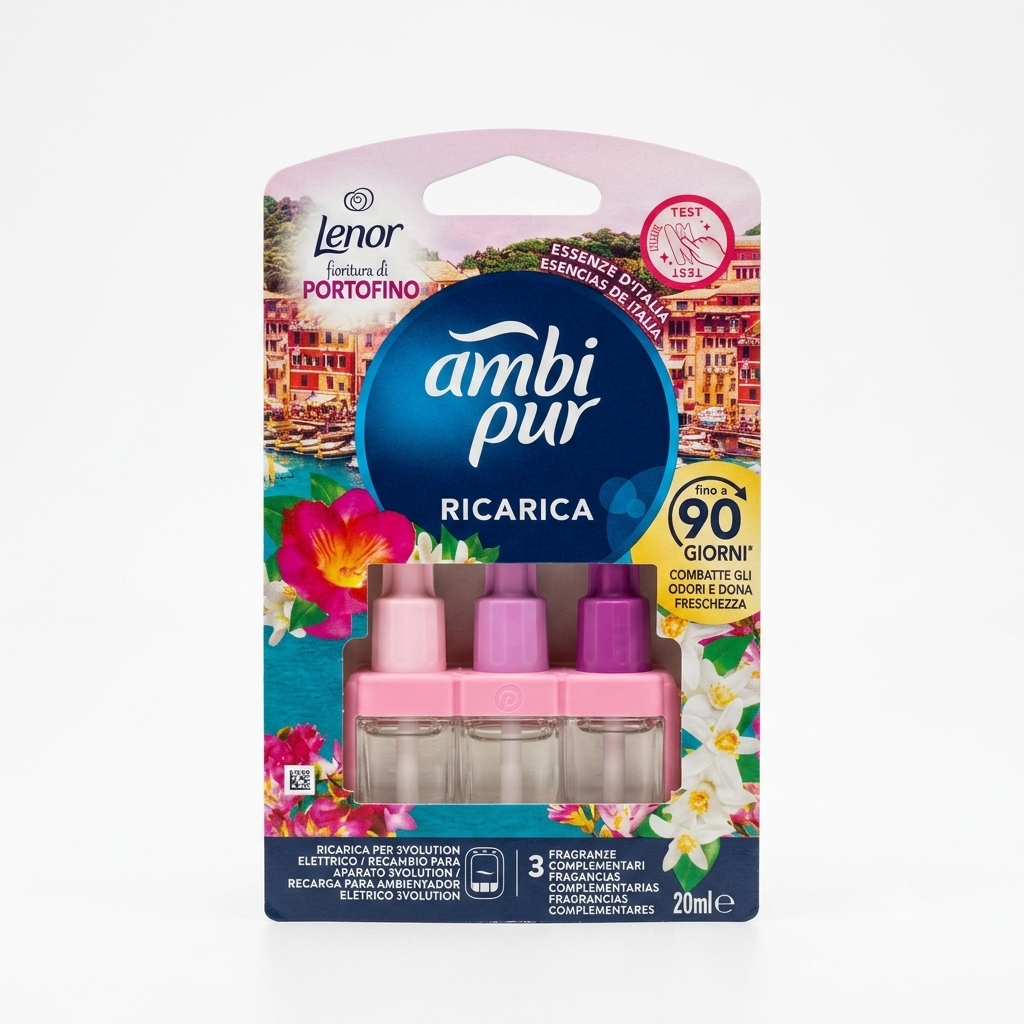 Ambi Pur 3Volution ricarica diffusore elettrico Fioritura di Portofino Lenor 20 ml elimina odori fino a 90 giorni.