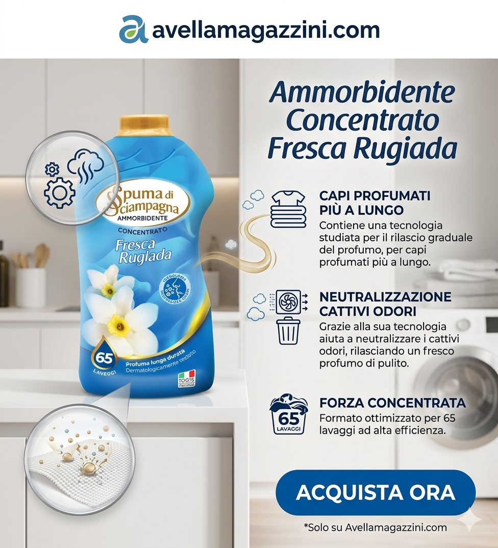 Spuma di Sciampagna Ammorbidente Concentrato Fresco Rugiada 1300 ml | 65 Lavaggi | Tecnologia Distendi Fibre | Made in Italy