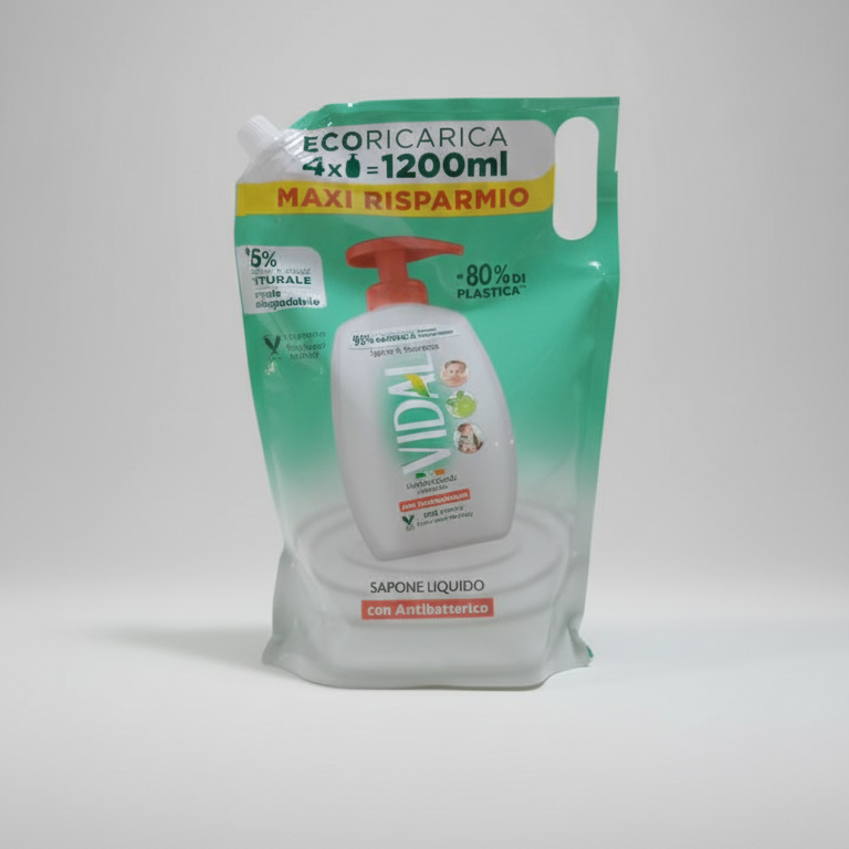 Vidal Sapone Liquido Eco Ricarica 1200 ml (1.2 Litri) | Maxi Risparmio e Meno Plastica | Dermatologicamente Testato | Uso Frequente per Tutta la Famiglia