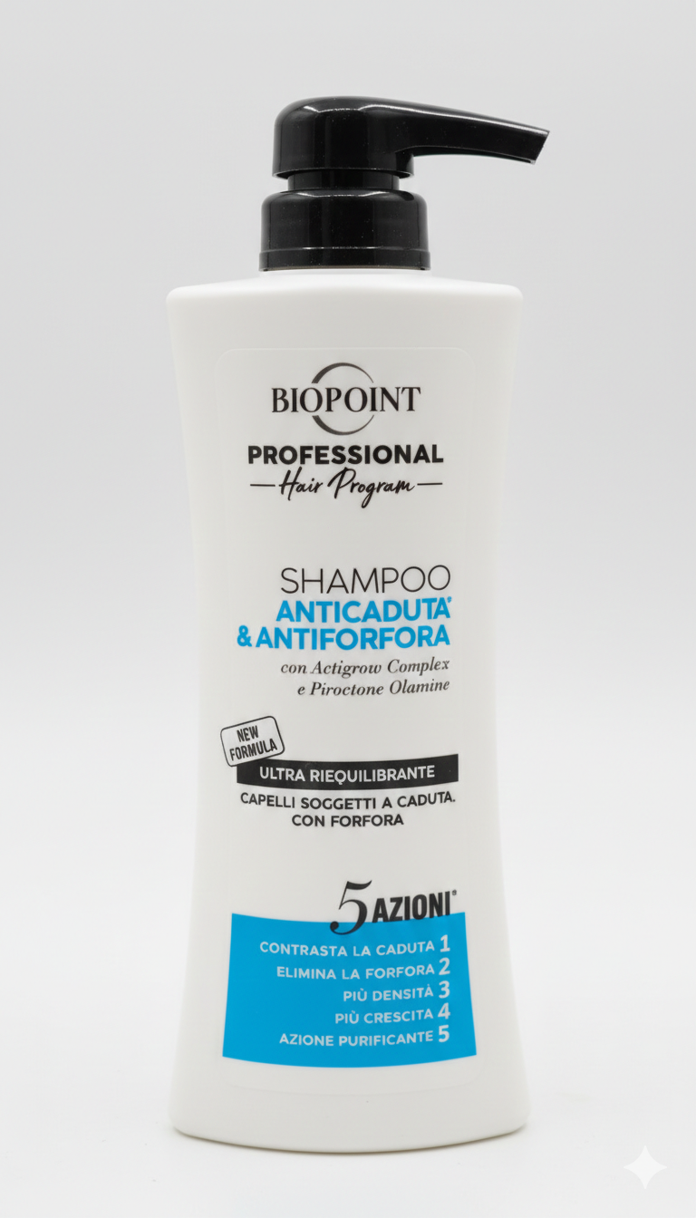 Biopoint Professional Shampoo Anticaduta & Antiforfora 400ml – 5 Azioni con Actigrow Complex e Piroctone Olamine