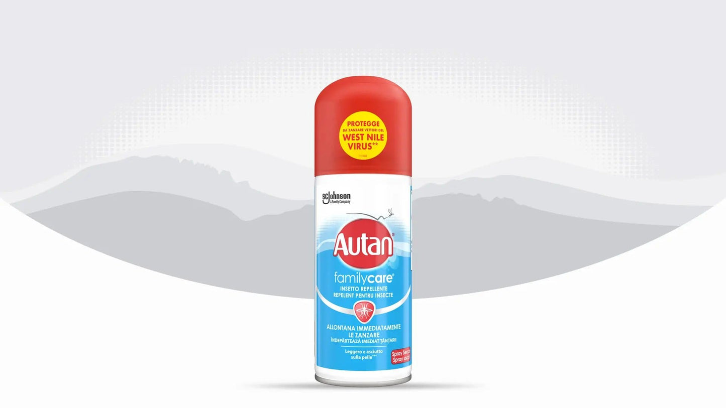 Autan Family Care Spray Secco 100ml | Repellente Insetti Non Untuoso con Amido di Mais | Protezione 4 Ore per Tutta la Famiglia