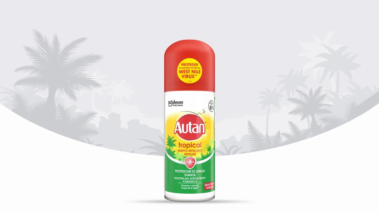 Autan Tropical Spray Secco 100ml | Repellente Anti-Zanzara Tigre e Tropicale | Protezione 8 Ore Non Untuosa con Amido di Mais
