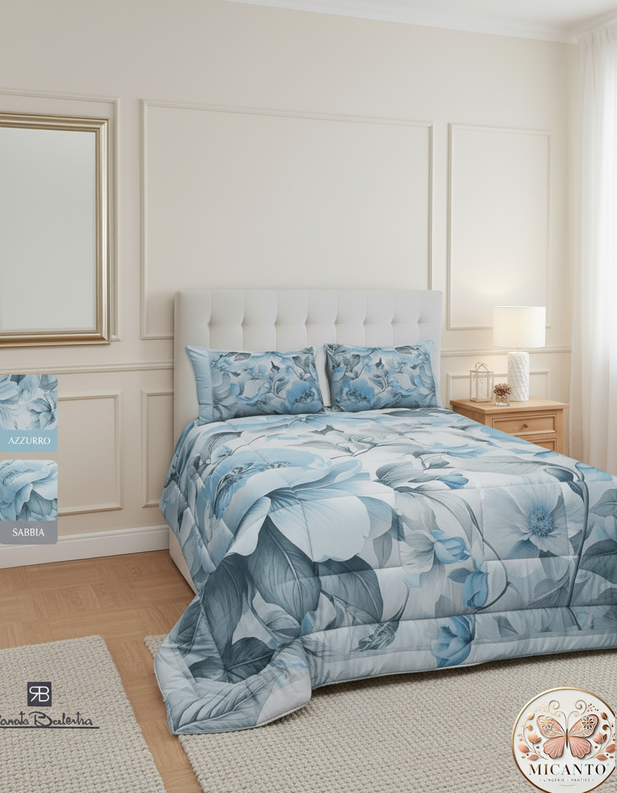 Renato Balestra Trapunta Matrimoniale Cleo | Cotone Stampato, Design Floreale Elegante, Colori Cipria e Azzurro, 2 Piazze