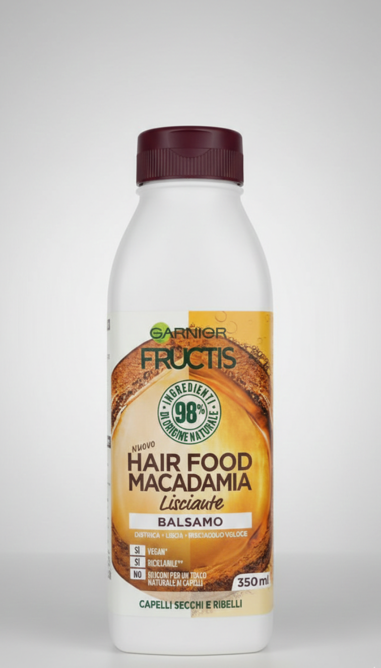 Garnier Fructis Hair Food Balsamo Macadamia Lisciante 350 ml, balsamo nutriente e districante per capelli secchi e indisciplinati, formula vegana con 98% ingredienti di origine naturale, senza siliconi, con olio di macadamia per capelli morbidi, lisci e senza effetto crespo