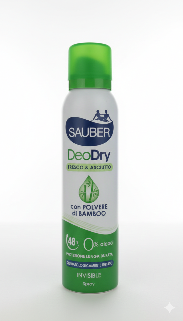 Sauber DeoActive Spray 150ml – Deodorante Alta Efficacia 72h per Sudore Estremo con Polvere di Bamboo e Invisible Technology