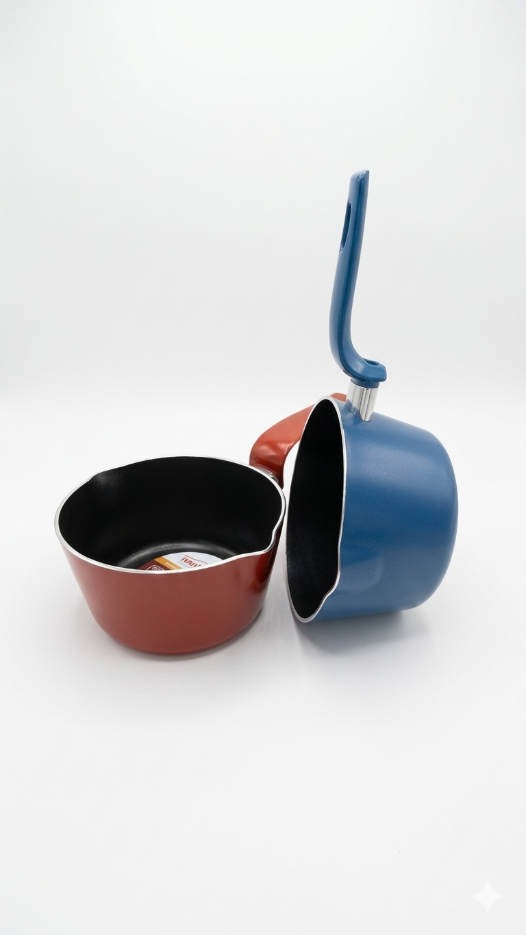 Accademia Mugnano Padella Conica 14 cm – Bollilatte Antiaderente 1 Manico – Colori Assortiti Rosso e Blu – Made in Italy Alta Qualità