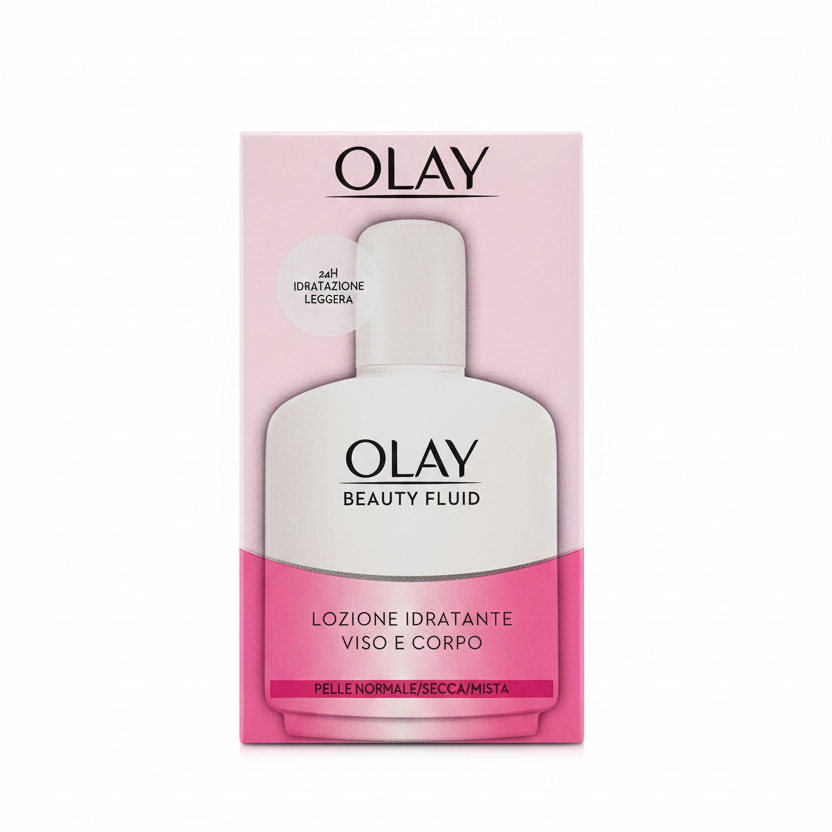 OLAY Beauty Fluid 100ml – Lozione Idratante Leggera 24H Viso e Corpo – Non Grassa, pH Neutro – Pelli Normali/Secche/Miste