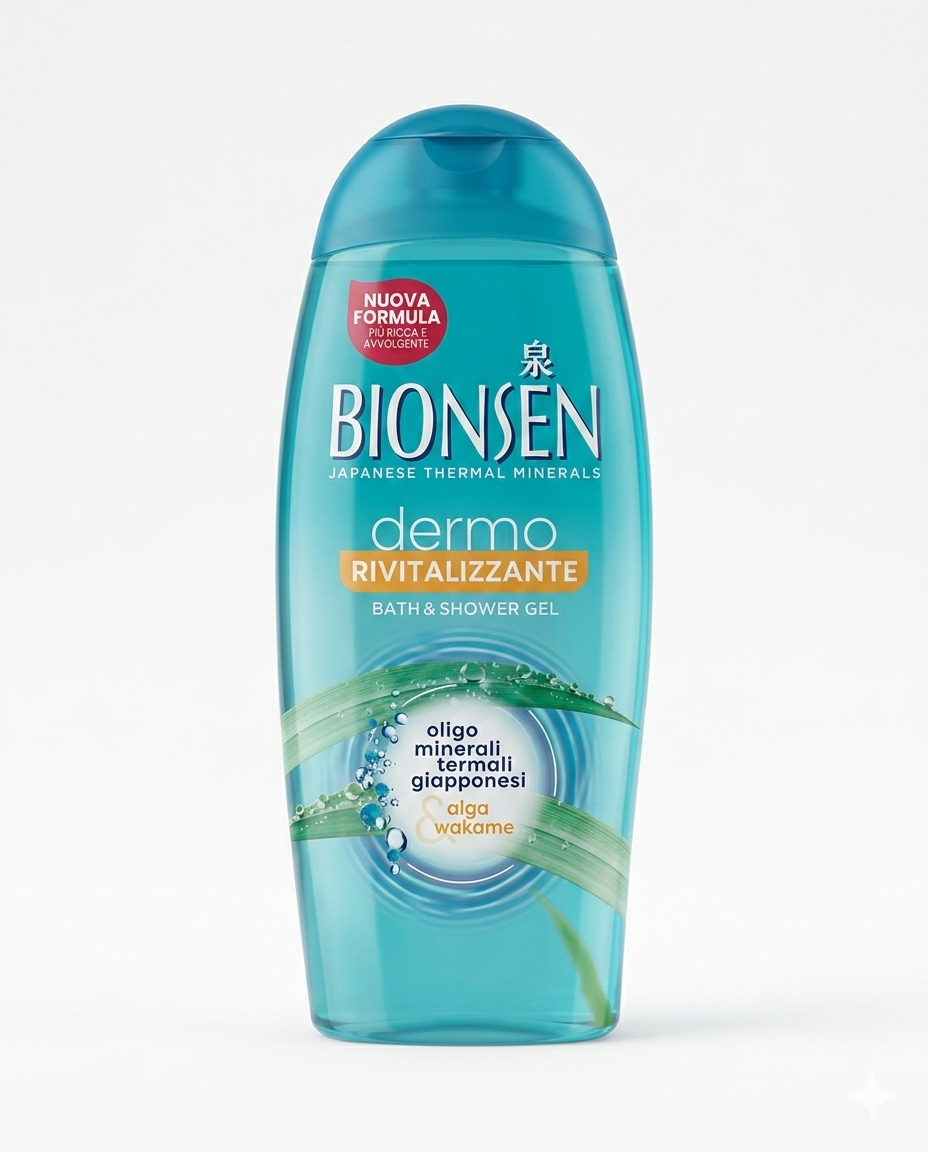 Bionsen Dermo Rivitalizzante Alga Wakame bagnoschiuma idratante 550ml con oligominerali giapponesi, trattamento detergente rigenerante per pelle sensibile e secca, azione antiossidante anti-età, effetto tonificante e rivitalizzante quotidiano ispirato ai rituali termali Onsen.