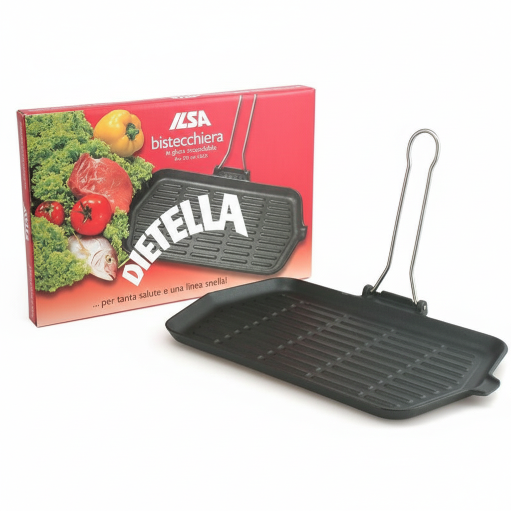 ILSA Bistecchiera in Ghisa Smaltata Dietella 23x36 cm – Made in Italy – Cottura Sana Induzione e Gas – Manico Pieghevole