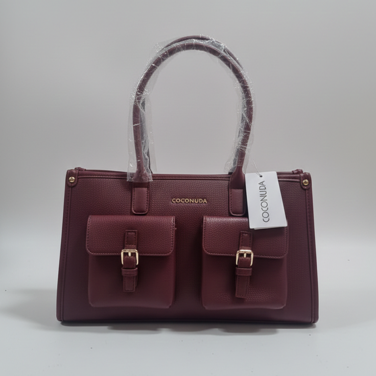 Borsa Coconuda Elegante e Versatile con Doppi Manici e Tracolla Removibile | Shopping Bag con Tasche Esterne a Fibbia | Interno Foderato con Cerniera | Disponibile in Nero e Bordeaux